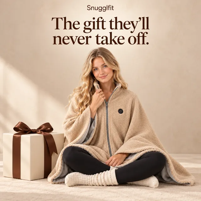 Woman sitting beside a gift box with a brown ribbon, wearing the camel Snugglfit heated shawl. Text: The gift they'll never take off.