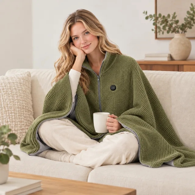Snugglfit wearable blanket in olive green, worn on the sofa
